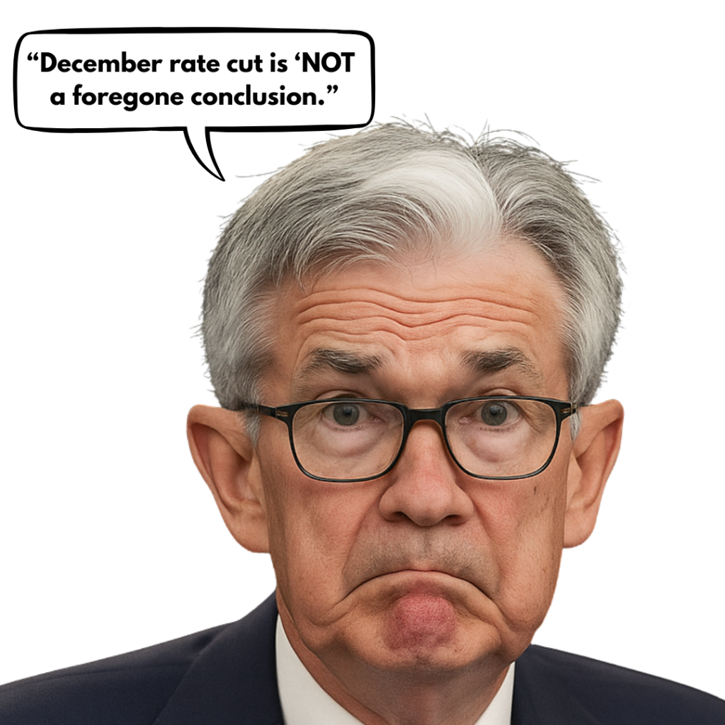 Federal Reserve Chair at press conference saying “December rate cut is not a foregone conclusion,” illustrating how Fed comments impact Raleigh mortgage rates — Martini Mortgage Group.