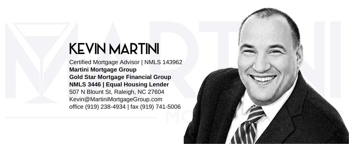 Portrait of Kevin Martini, Certified Mortgage Advisor and Raleigh mortgage lender with Martini Mortgage Group, including contact and licensing information.