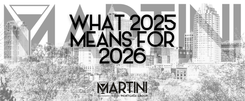 Raleigh housing market analysis showing what 2025 data means for 2026, featuring Raleigh skyline and strategic insights from Martini Mortgage Group.