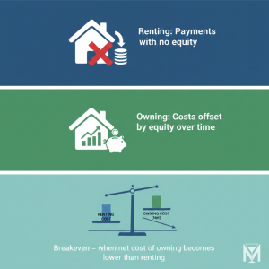 Diagram comparing renting versus owning, showing renting as payments with no equity and owning as costs offset by equity over time, illustrating rent vs buy breakeven