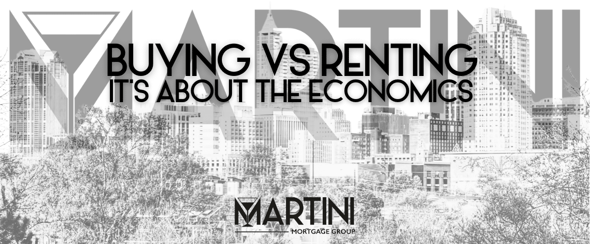 Buying vs Renting in Raleigh explained through ownership economics, featuring the Raleigh skyline and analysis of appreciation, equity growth, and long-term housing costs by Martini Mortgage Group