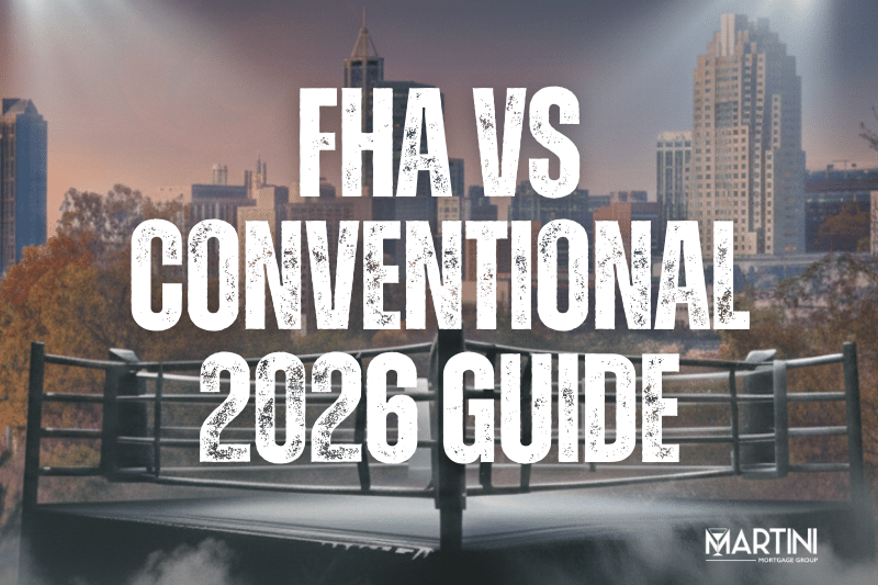 FHA vs Conventional Raleigh NC 2026 guide featured image showing Raleigh skyline and mortgage comparison strategy for first-time homebuyers in Wake County