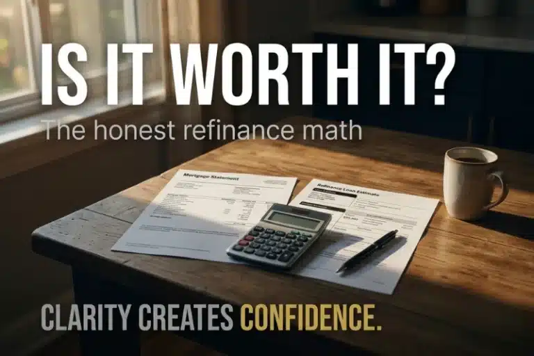 Is refinancing worth it Raleigh NC homeowner comparing a current mortgage statement and a refinance offer with a calculator, with fiduciary guidance from Martini Mortgage Group.