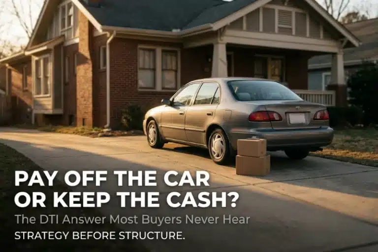Pay off car before buying house NC visual showing a car in a driveway beside a home, representing the DTI and cash reserves tradeoff, Martini Mortgage Group Raleigh NC