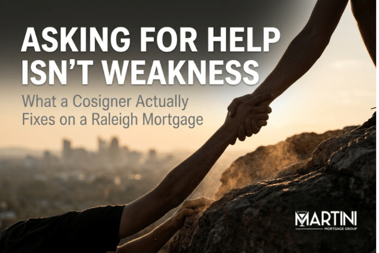 Cosign a mortgage in Raleigh NC concept image showing two hands reaching across a rock ledge, symbolizing family help toward a first home