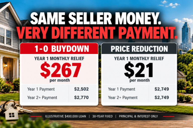 1-0 mortgage buydown in Raleigh NC comparison showing $267 in first-year monthly principal and interest relief versus $21 in ongoing monthly savings from a seller price reduction.
