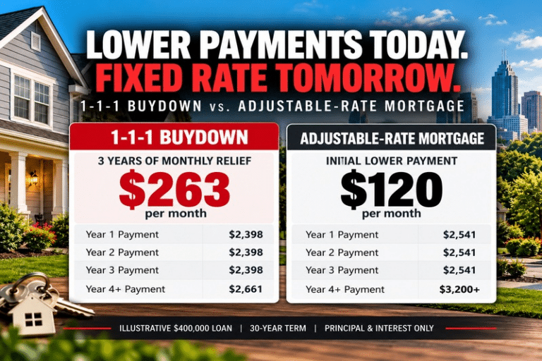 1-1-1 mortgage buydown vs. adjustable-rate mortgage infographic showing three years of lower payments on a fixed-rate home loan in Raleigh, NC.